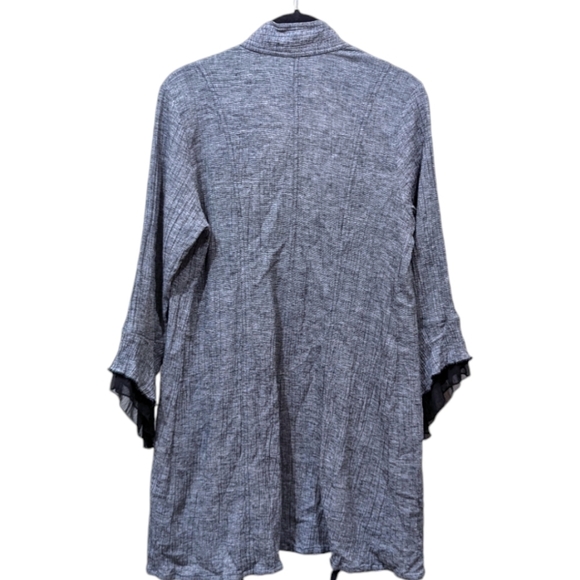 Soft Surroundings Grey Linen Blend Open Front Duster Coat with Black Frill (S) - Picture 2 of 7